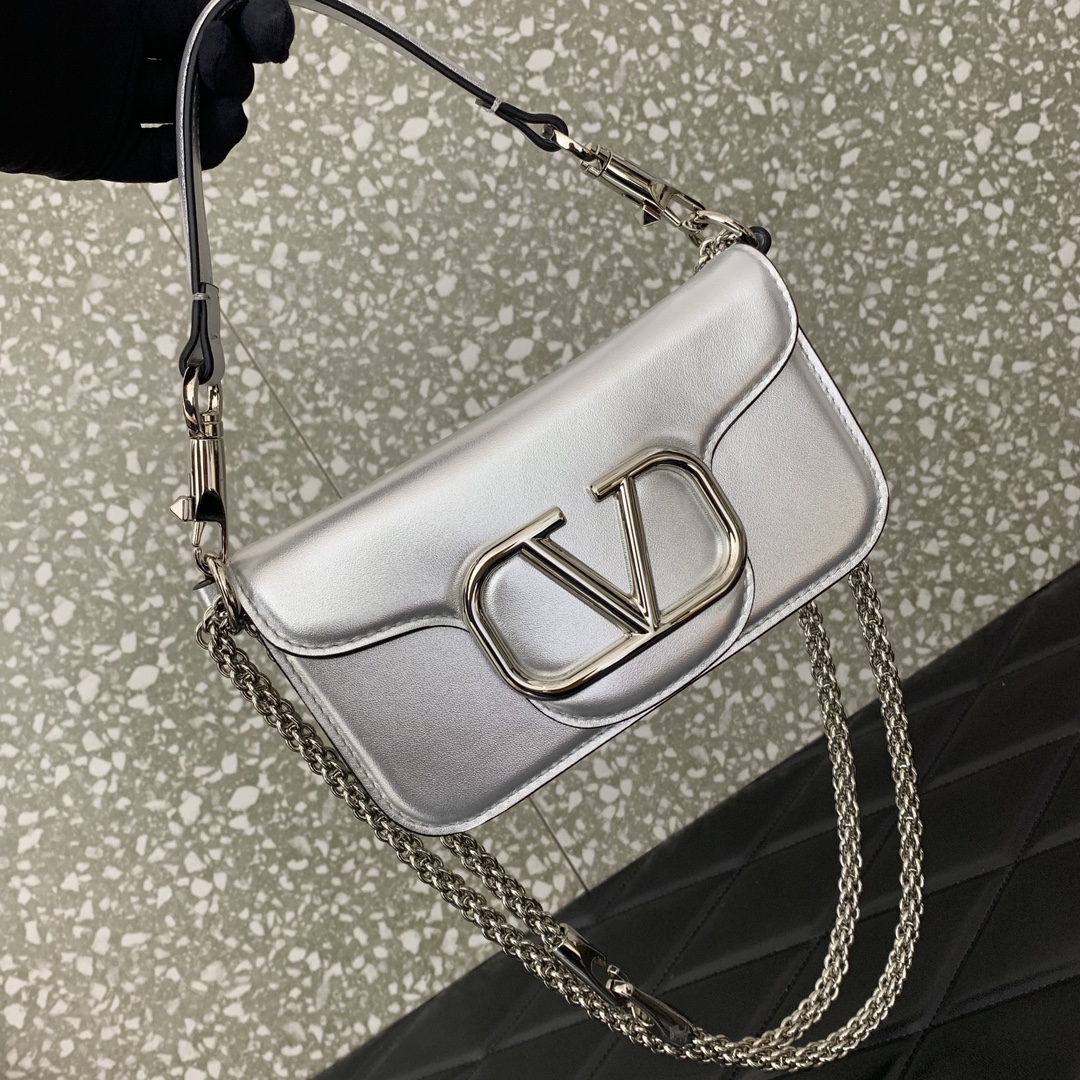 Valentino Garavani Loco Small Shoulder Bag in Silver Calfskin Leather 